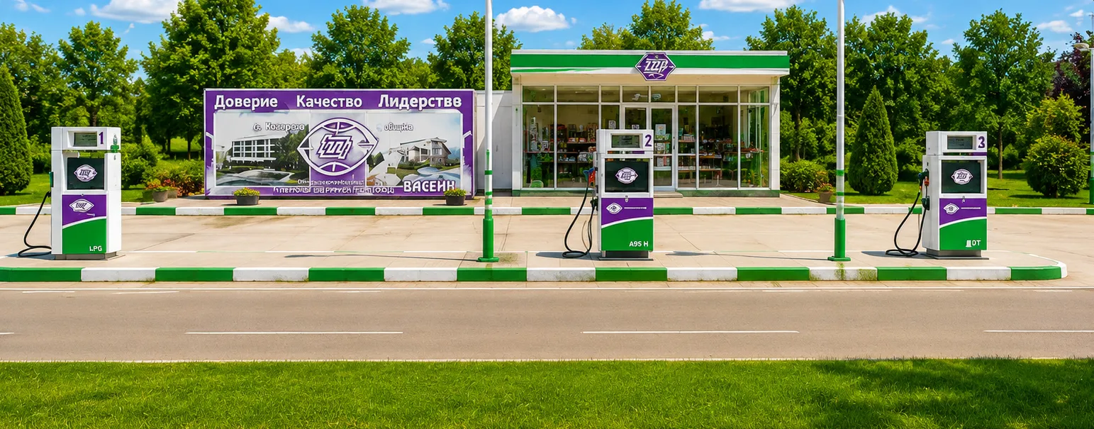 Shterev Oil gas station, Banya, town centre